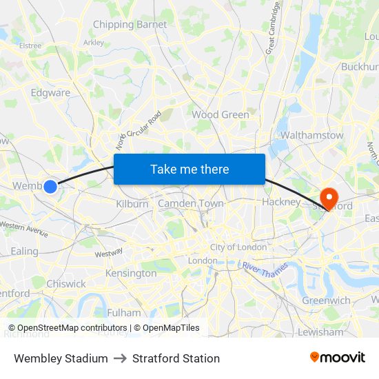 Wembley Stadium to Stratford Station map