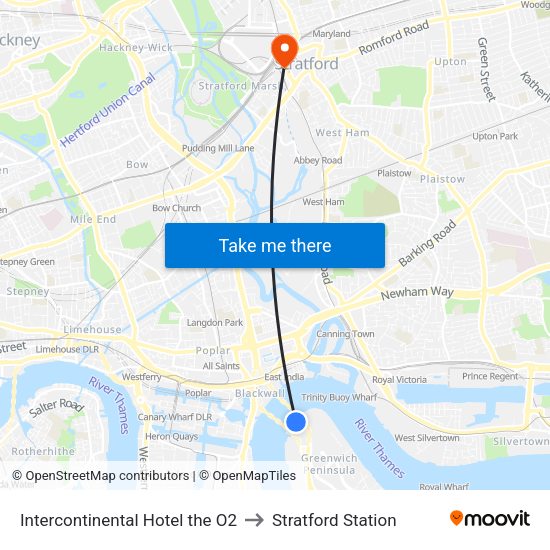 Intercontinental Hotel the O2 to Stratford Station map