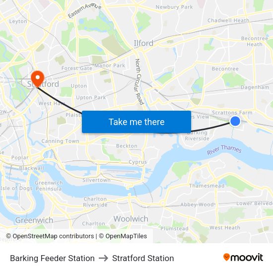 Barking Feeder Station to Stratford Station map