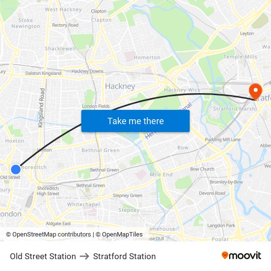 Old Street Station to Stratford Station map