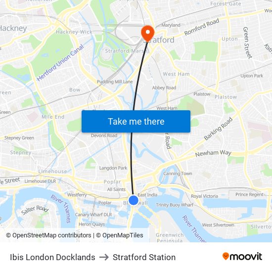 Ibis London Docklands to Stratford Station map