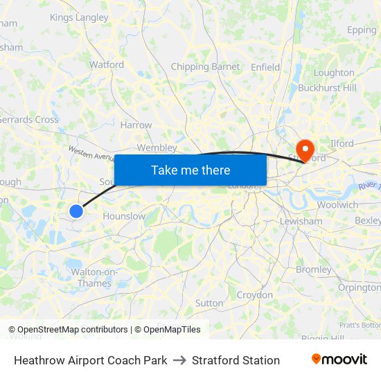 Heathrow Airport Coach Park to Stratford Station map