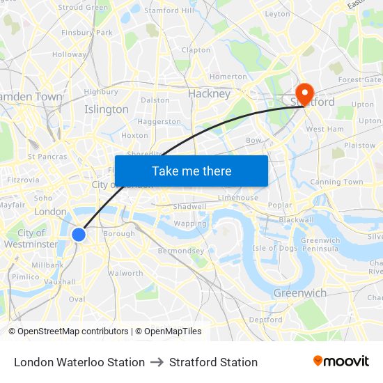 London Waterloo Station to Stratford Station map