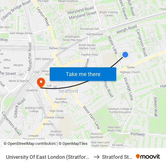 University Of East London (Stratford Campus) to Stratford Station map