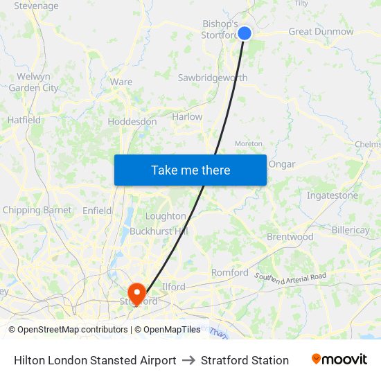 Hilton London Stansted Airport to Stratford Station map