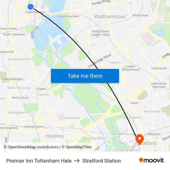 Premier Inn Tottenham Hale to Stratford Station map