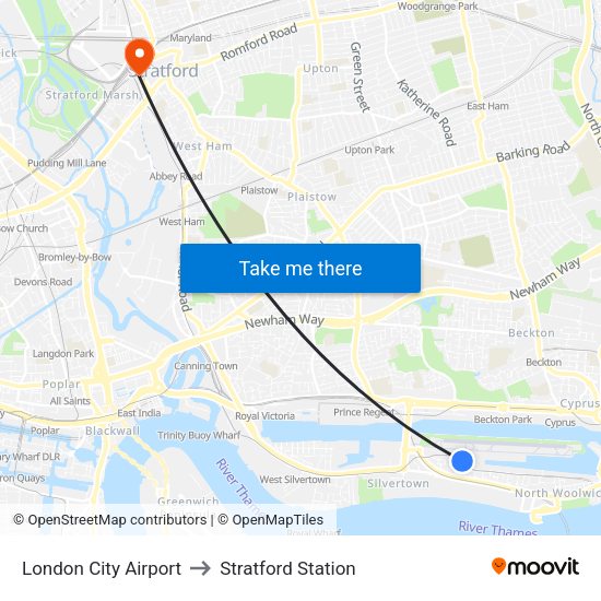 London City Airport to Stratford Station map