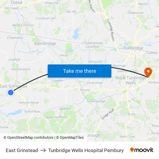 East Grinstead to Tunbridge Wells Hospital Pembury map