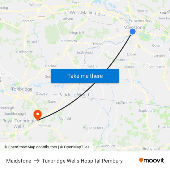 Maidstone to Tunbridge Wells Hospital Pembury map