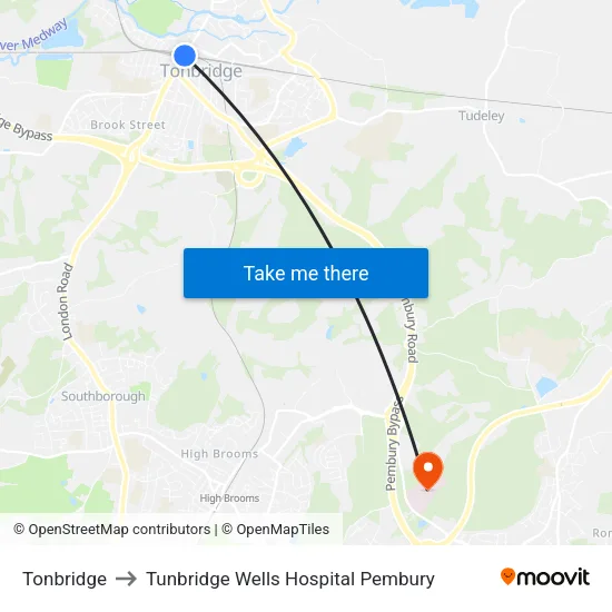 Tonbridge to Tunbridge Wells Hospital Pembury map