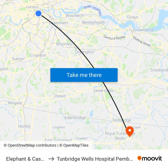 Elephant & Castle to Tunbridge Wells Hospital Pembury map