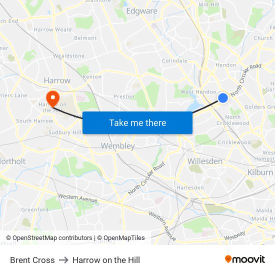 Brent Cross to Harrow on the Hill map