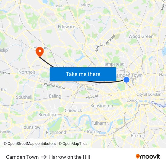 Camden Town to Harrow on the Hill map