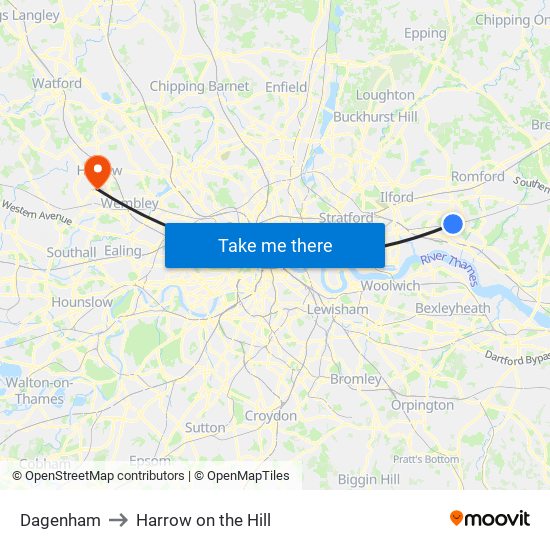 Dagenham to Harrow on the Hill map