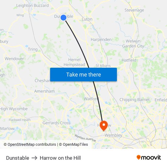 Dunstable to Harrow on the Hill map