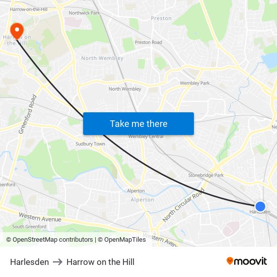 Harlesden to Harrow on the Hill map