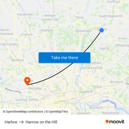 Harlow to Harrow on the Hill map