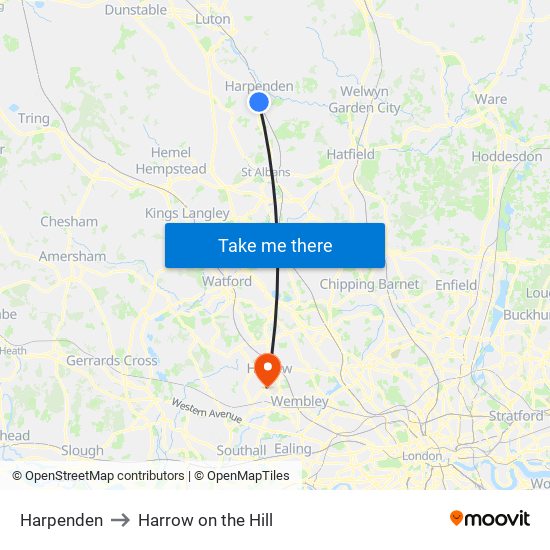Harpenden to Harrow on the Hill map