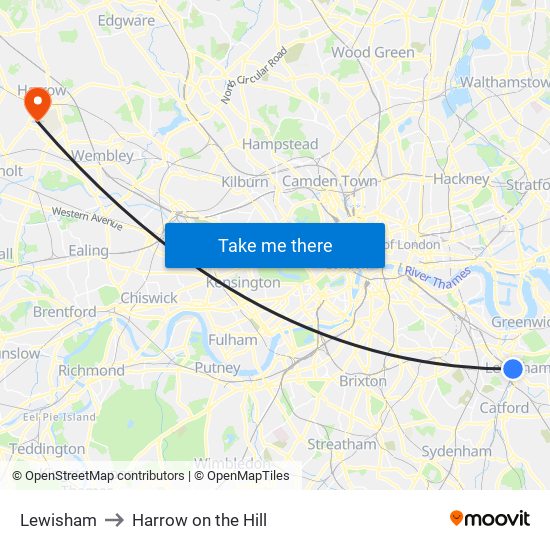 Lewisham to Harrow on the Hill map