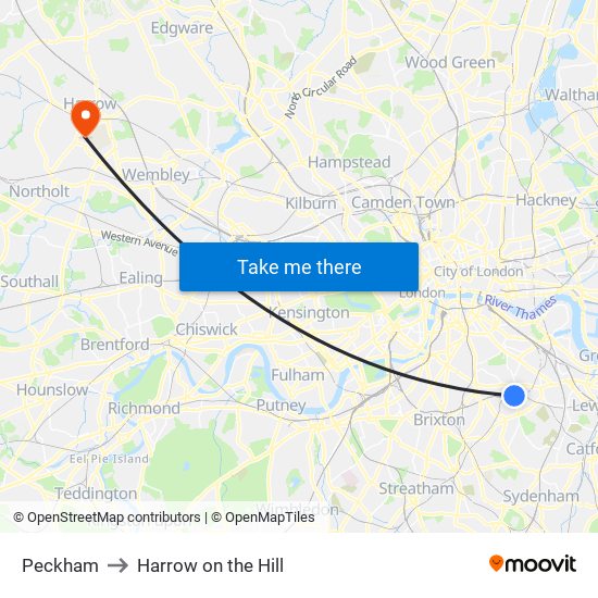 Peckham to Harrow on the Hill map