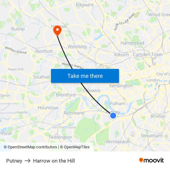 Putney to Harrow on the Hill map