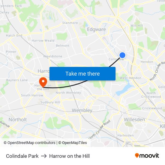 Colindale Park to Harrow on the Hill map