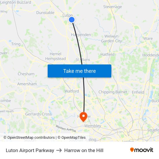 Luton Airport Parkway to Harrow on the Hill map
