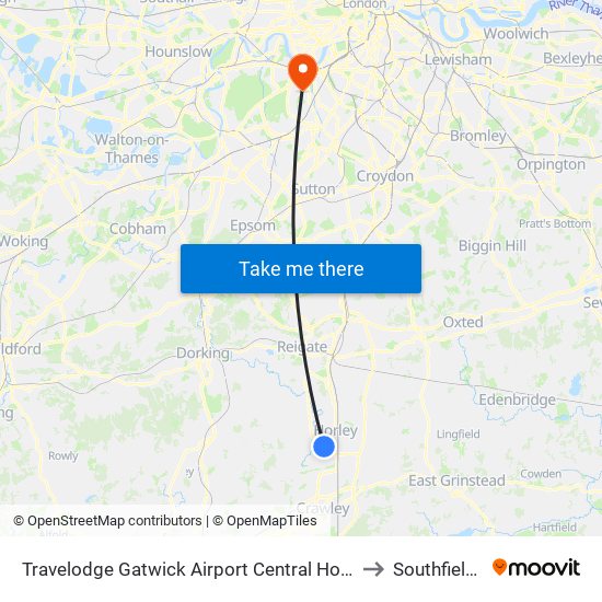 Travelodge Gatwick Airport Central Hotel to Southfields map