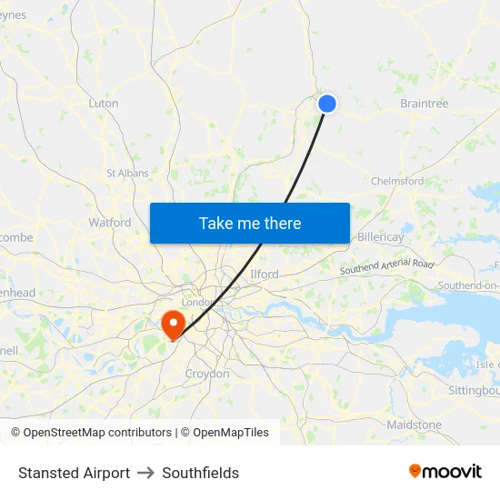 Stansted Airport to Southfields map