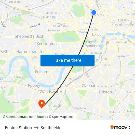 Euston Station to Southfields map