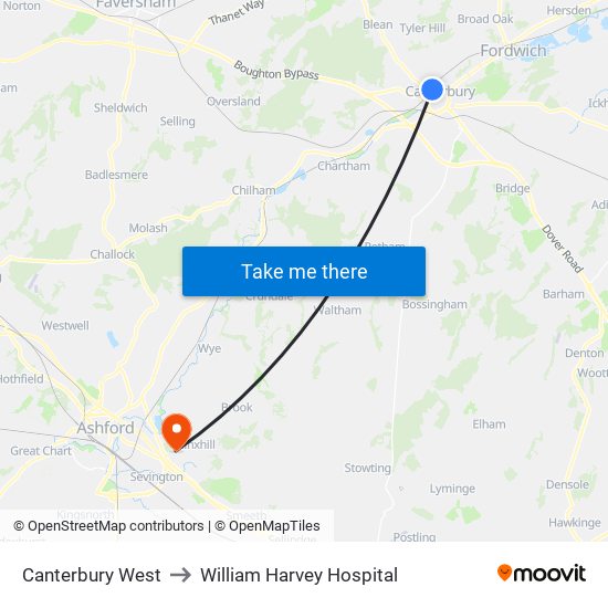 Canterbury West to William Harvey Hospital map