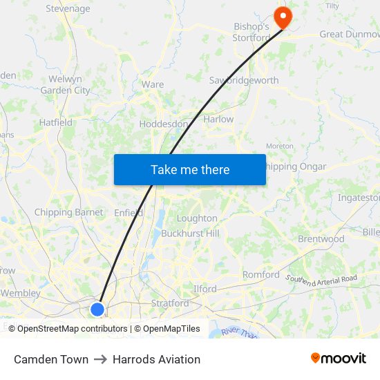 Camden Town to Harrods Aviation map