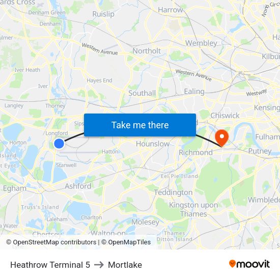 Heathrow Terminal 5 to Mortlake map