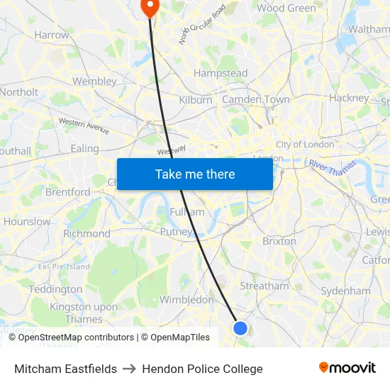 Mitcham Eastfields to Hendon Police College map