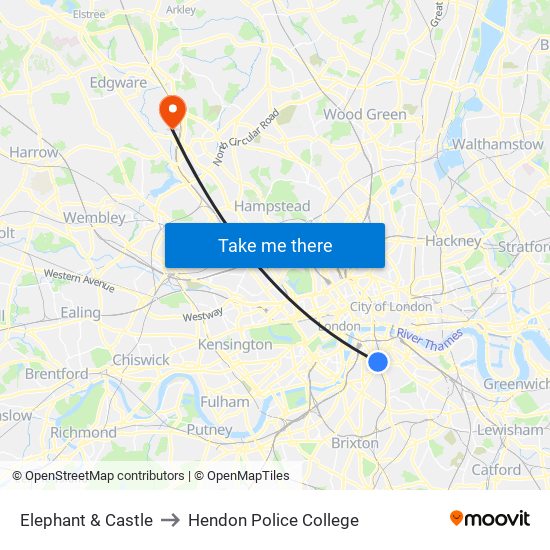 Elephant & Castle to Hendon Police College map