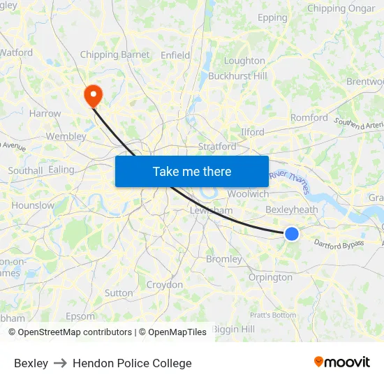Bexley to Hendon Police College map