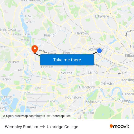 Wembley Stadium to Uxbridge College map