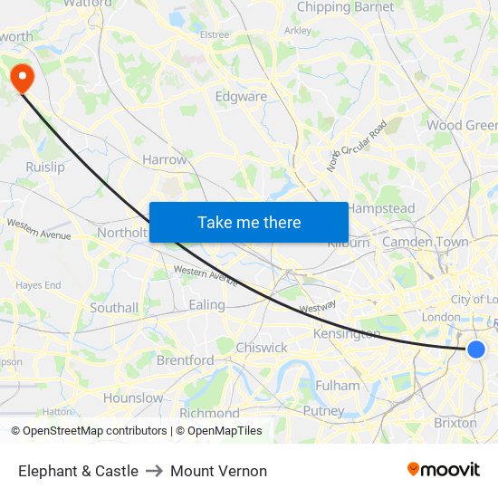 Elephant & Castle to Mount Vernon map