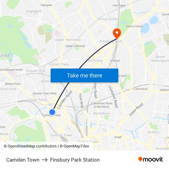 Camden Town to Finsbury Park Station map