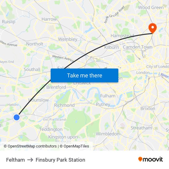 Feltham to Finsbury Park Station map