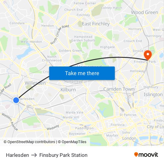Harlesden to Finsbury Park Station map