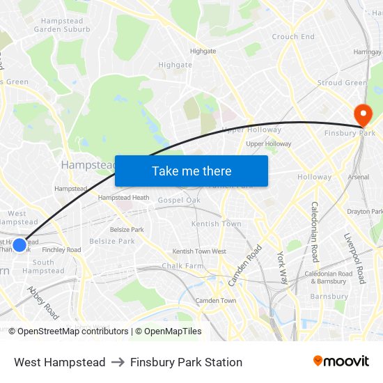 West Hampstead to Finsbury Park Station map
