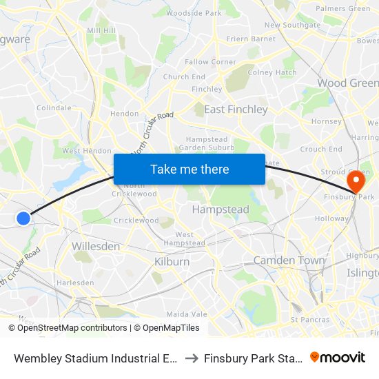 Wembley Stadium Industrial Estate to Finsbury Park Station map