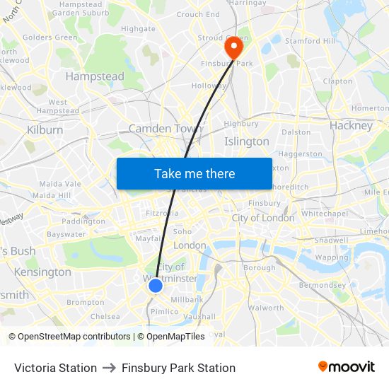 Victoria Station to Finsbury Park Station map