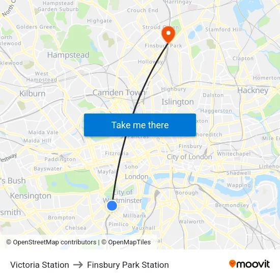 Victoria Station to Finsbury Park Station map