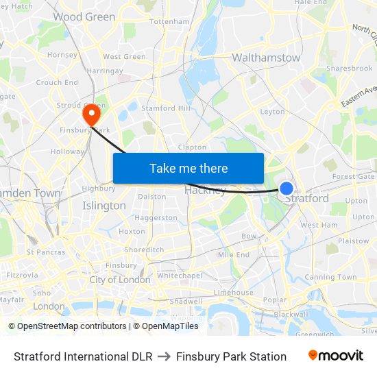 Stratford International DLR to Finsbury Park Station map