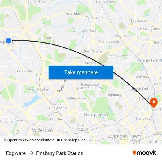 Edgware to Finsbury Park Station map
