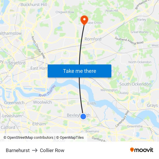 Barnehurst to Collier Row map