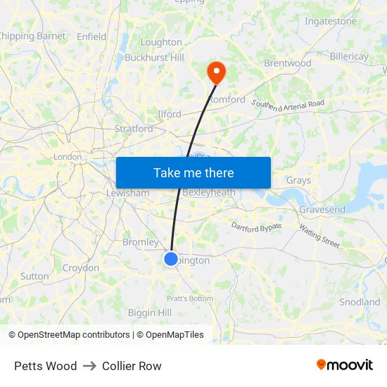 Petts Wood to Collier Row map