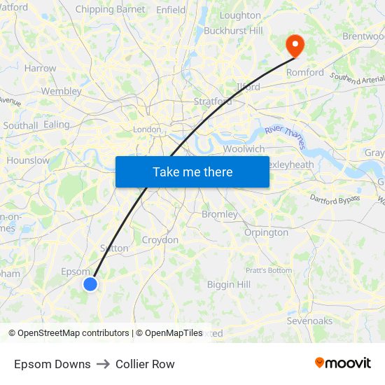 Epsom Downs to Collier Row map